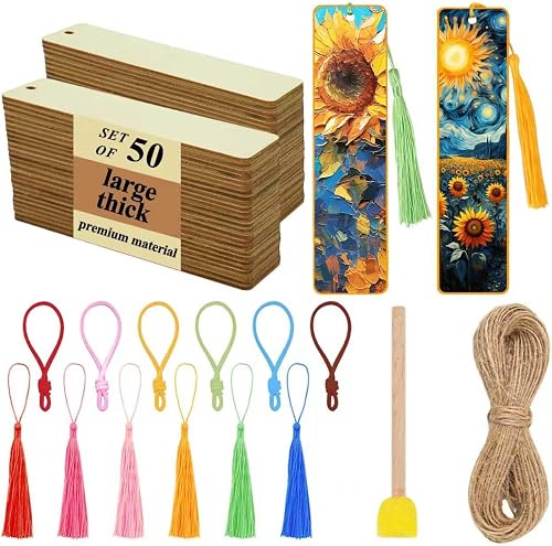 Rcpuirl 50 PCS Extra Large Thick Wood Bookmark with Tassels & Gift Ribbons – Unfinished Wooden Bookmarks to Paint, Bulk Blank Bookmarks for DIY Crafts, Painting, Wedding, Birthday Party Decors