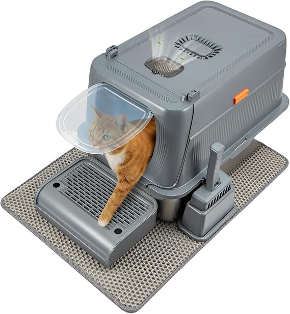 LN Cozy CORNE Stainless Steel Cat Litter Box, Extra Large Enclosed Metal Litter Tray with Litter Scoop & Double Layer Litter Mat, Non-Sticky, Non-Odor, Easy Cleaning 61 x 40.5 x 40.5 cm, Dark Gray