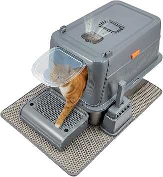 LN Cozy CORNE Stainless Steel Cat Litter Box, Extra Large Enclosed Metal Litter Tray with Litter Scoop & Double Layer Litter Mat, Non-Sticky, Non-Odor, Easy Cleaning 61 x 40.5 x 40.5 cm, Dark Gray