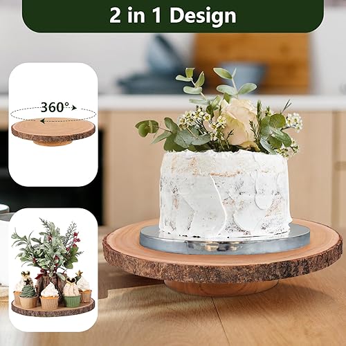 Miniatura 3 de Caydo Soporte de madera para tartas de 12 pulgadas, giratorio de madera redonda natural para decoración de mesa de boda, decoración de centros de