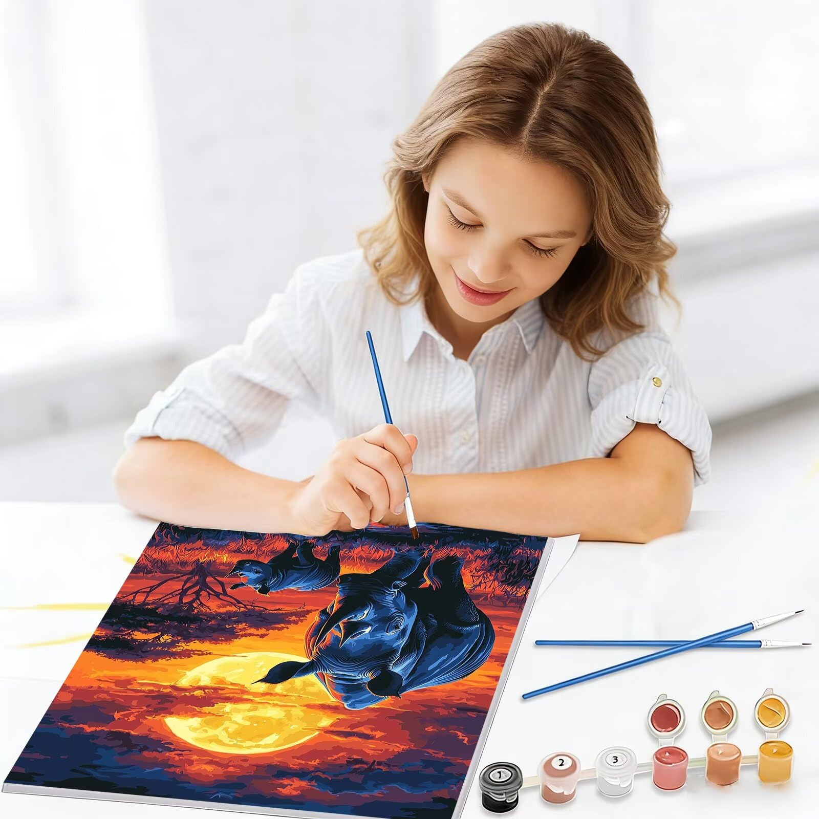 Nosorożce Malarstwo Numery dla dorosłych, DIY Zwierzęta Malarstwo Numery Dorosłych 90x120cm, Pędzle i Akryle, Zestawy do kolorowania według numerów dla dorosłych początkujących, dekoracje ścienne
