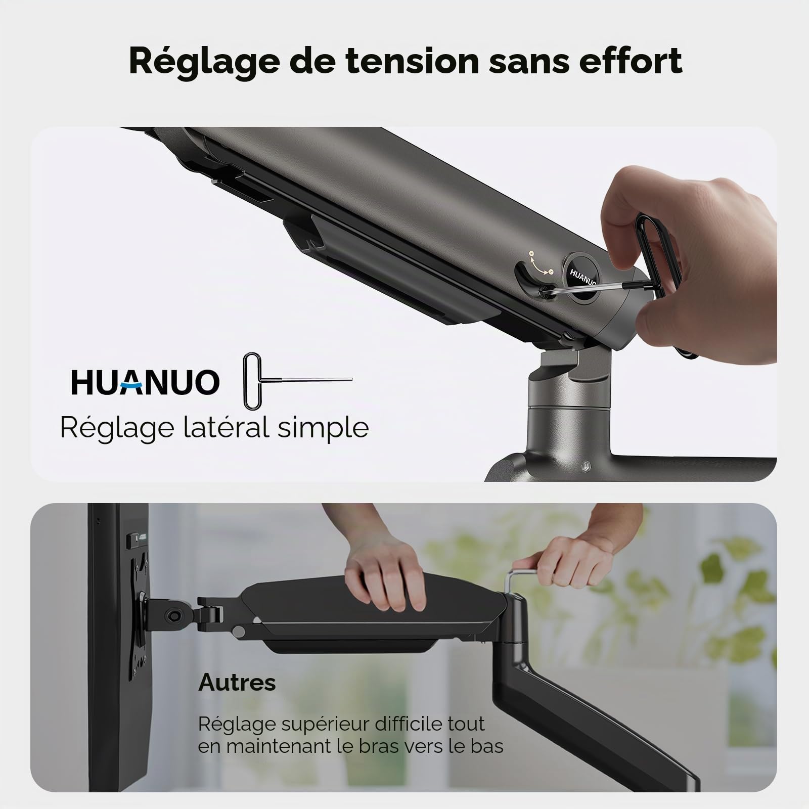 HUANUO Bras Écran PC 2 Écran Ultra-Large 13 à 49 Pouces à 18 kg, Support Double Écran PC Bureau Extra Haut e, Support Écran PC 2 Écran Empilé Verticalement et Réglable, VESA Max 100 x 100mm