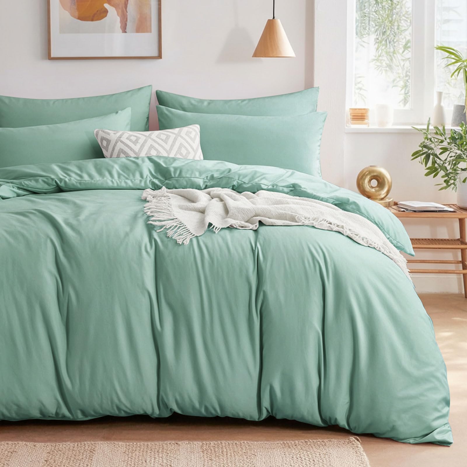 Aisbo King Duvet Set including Sheet, Sage Green 4 Pieces Microfiber Bedding Set for Kingsize Bed Includes Duvet Cover - Image 2