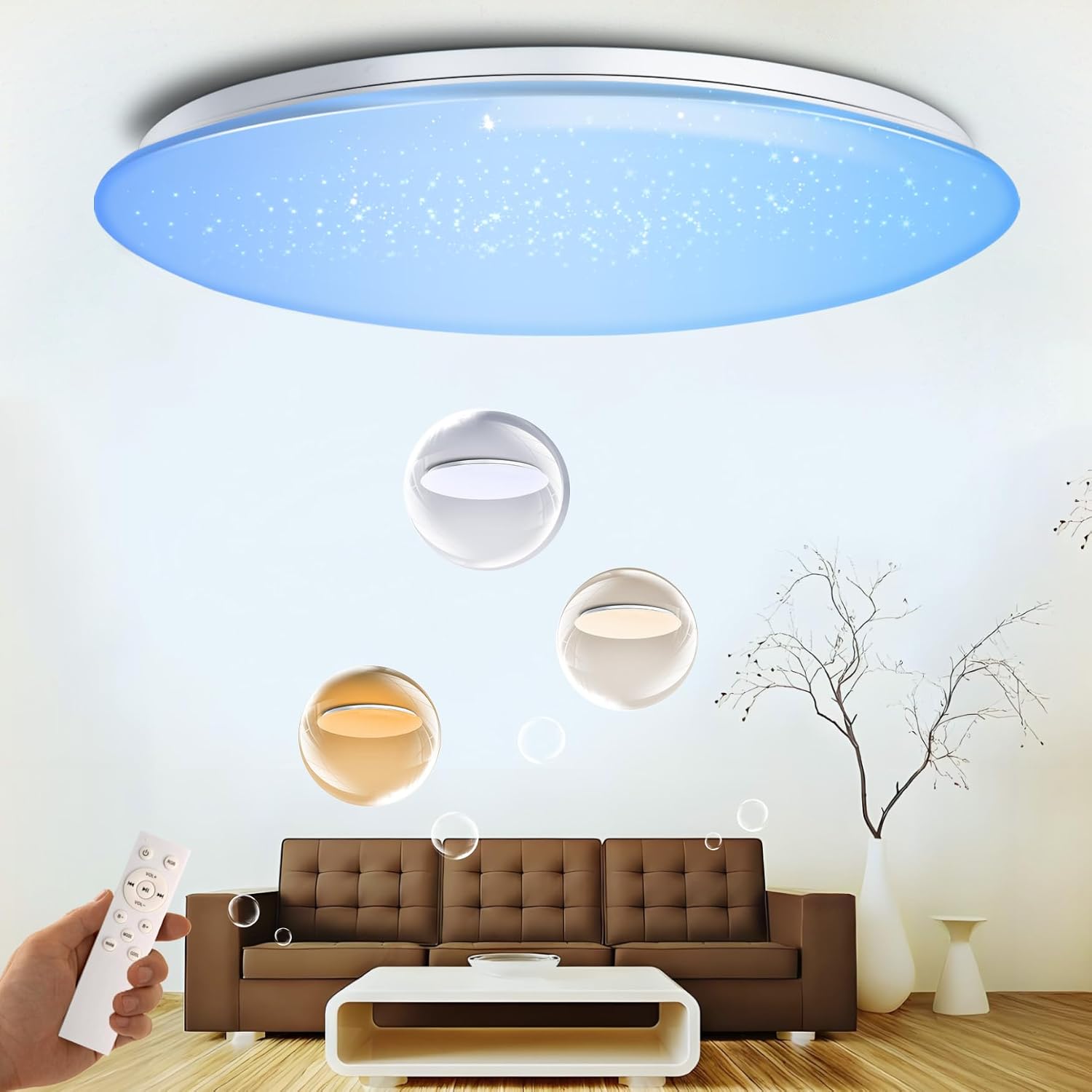 BT-Version LED Ceiling Light with Speaker 40W 13Inch Music Ceiling Lamp with Remote Control Adjustable Brightness & Color Temperature RGB Ambient Lighting for Kids Room Bedroom and More