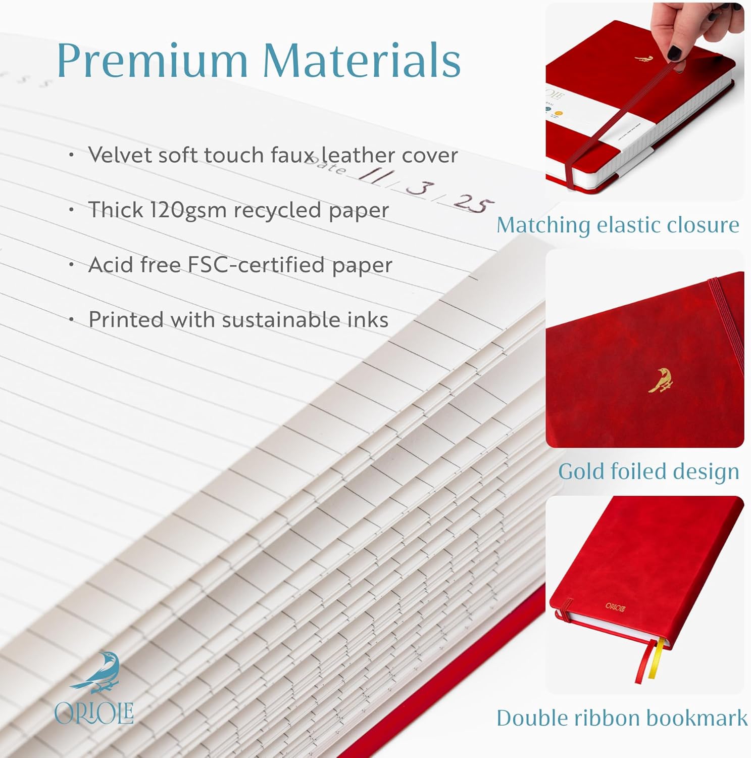 Oriole Vegan Leather Ruled Notebook - Cherry Red | 176 Pages of Thick Lined Paper | Soft Touch Hardcover Journal (5 x 8 in) with Gold Foil Bird Design & Luxury Gift Box