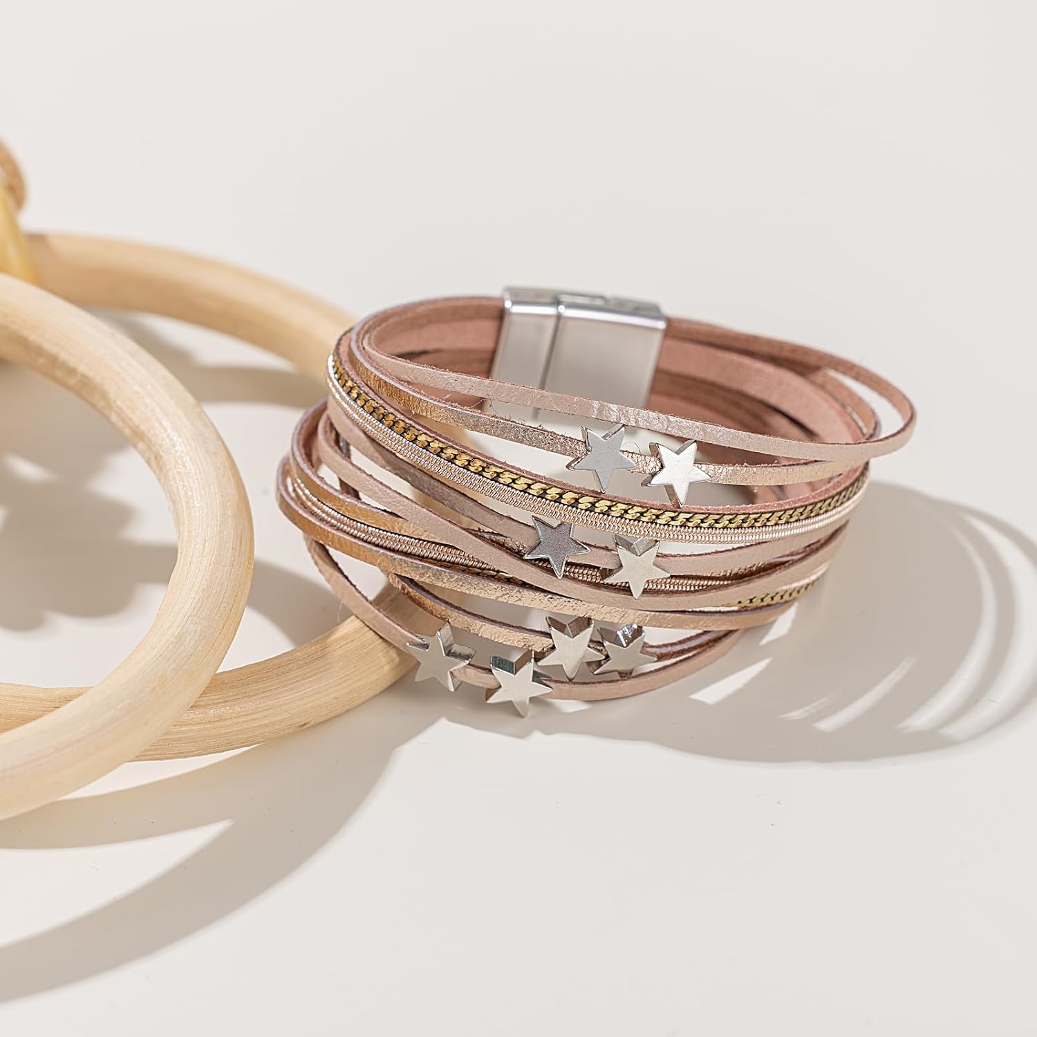 FANCY SHINY Leather Wrap Star Bracelet Boho Bangle Bracelets for Women Trendy Stackable Cute Star Charm Bracelet with Magnetic Clasp - Image 4