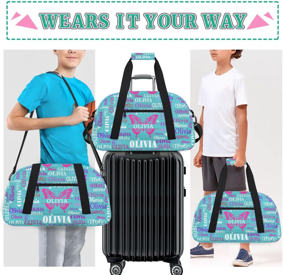 Custom Name Sports Duffel Bag with Butterflies, Personalized Gym Sport Duffel Cheerleading Bag Travel Weekender Tote Carry-On Bag, Lake Blue Background