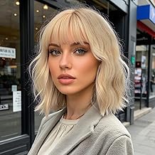 Short Blonde Wavy Wig for Women Platinum Blonde Wigs with Bangs 14Inch Dirty Blond Hair Costume Wig Synthetic Colorful Cosplay Wigs for Halloween Cosplay Daily Party Use
