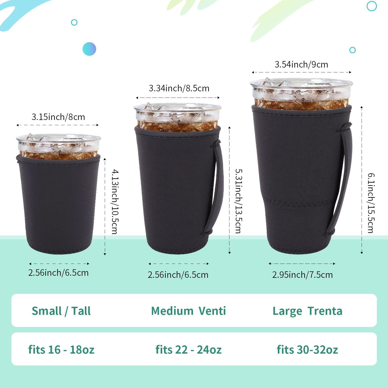 Iced Coffee Sleeve Insulator Sleeves for Cold Drinks Beverages, 3 Pack Reusable Neoprene Cup Sleeve with Handle for 16-32oz Coffee cups（Black）