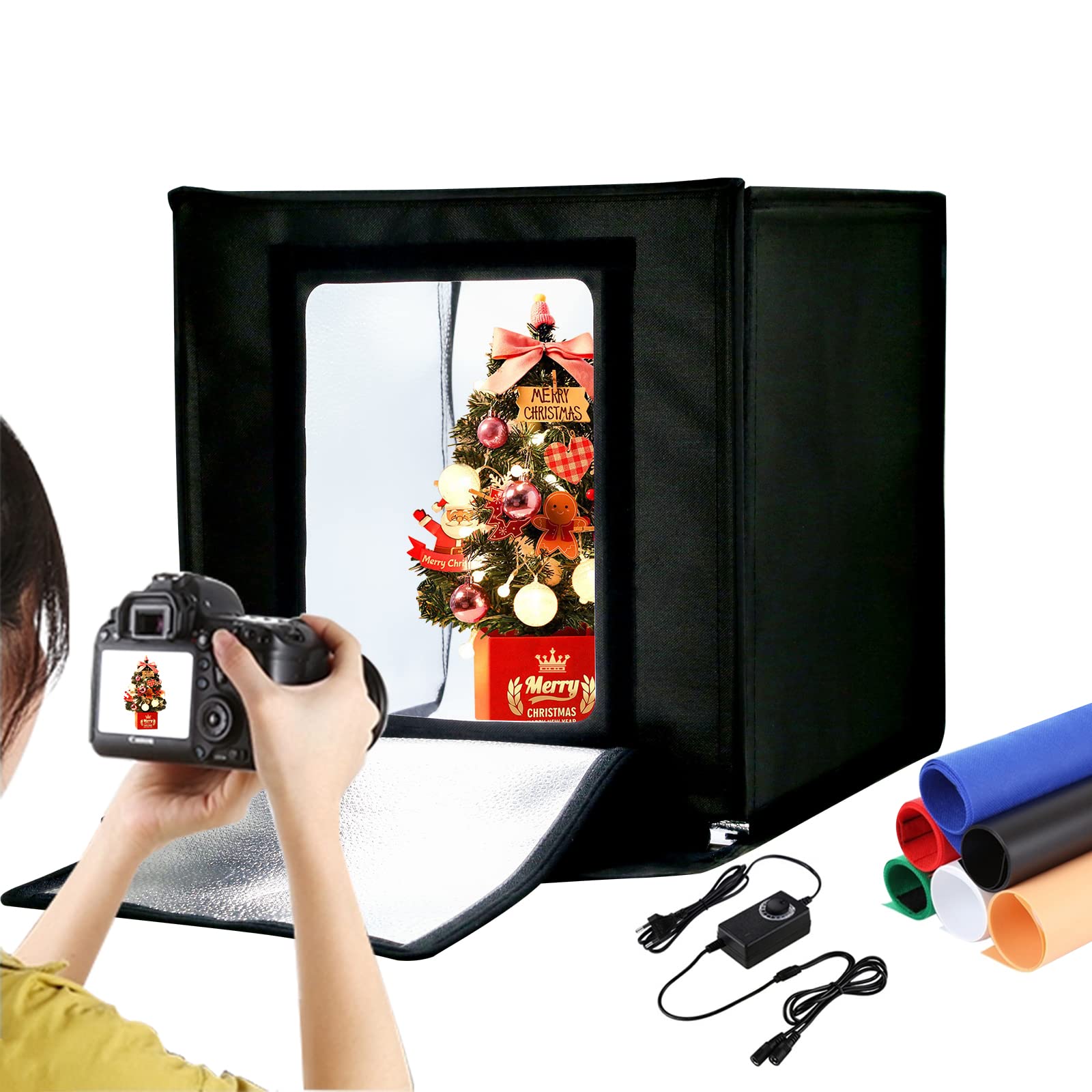 PULUZ Fotobox 60x60cm, Professionelles Faltbares Fotostudio Set mit 2 Verstellbaren LED-Lichtpaneelen und 5500K Stufenlos Dimmbar, CRI 95+, Lichtzelt für Große Produktfotografie, 6 Backdrops