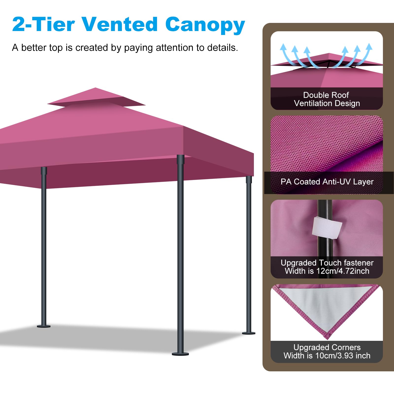 Toldo Recambio Pergola 3x3 m, Techo de Repuesto con Ventilación para Cenador de Jardín, Cubierta Amovible Lona Impermeable con Protección UV para Barbacoa, Bodas, Fiestas y Camping