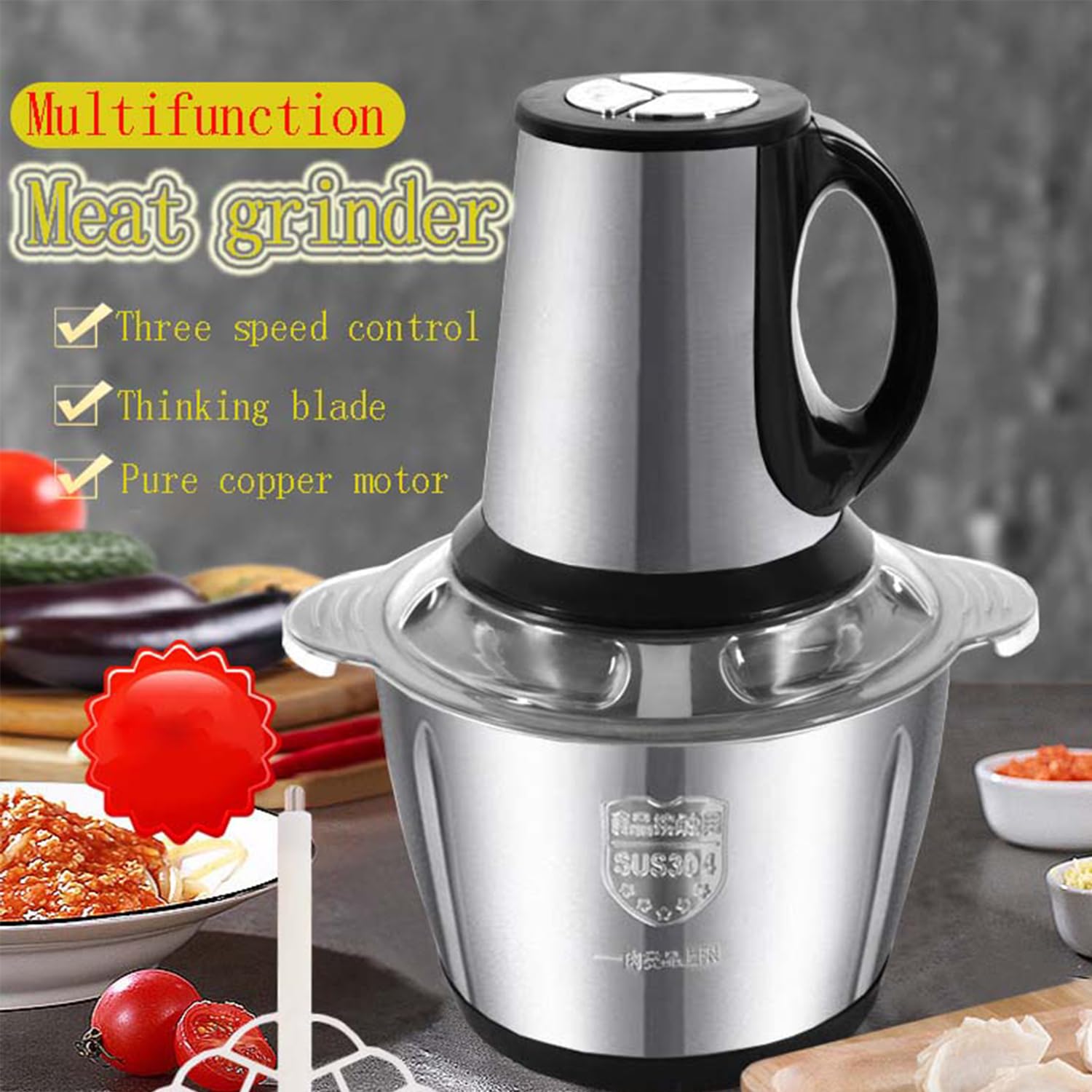 Hachoir à viande électrique 500 W en acier inoxydable avec capacité de 3 L – 2 niveaux de vitesse, protection contre la surchauffe, 4 lames en acier pour viande, légumes et fruits