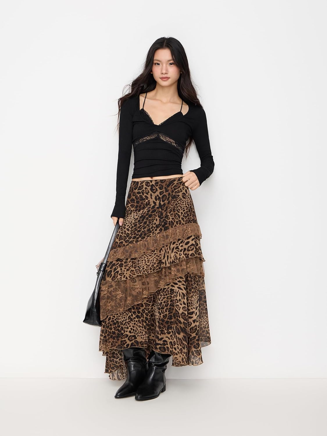CIDER Chiffon High Rise Leopard Print Layered Maxi Skirt: Coffee, XL