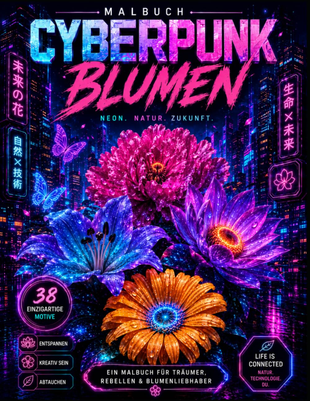 Cyberpunk Blumen Malbuch Cyberpunk Flowers – Futuristic Coloring Book: 38 einzigartige Cyberpunk-Blumen zum Ausmalen mit futuristischen Welten, Neon-Städten und Sci-Fi Hintergründen