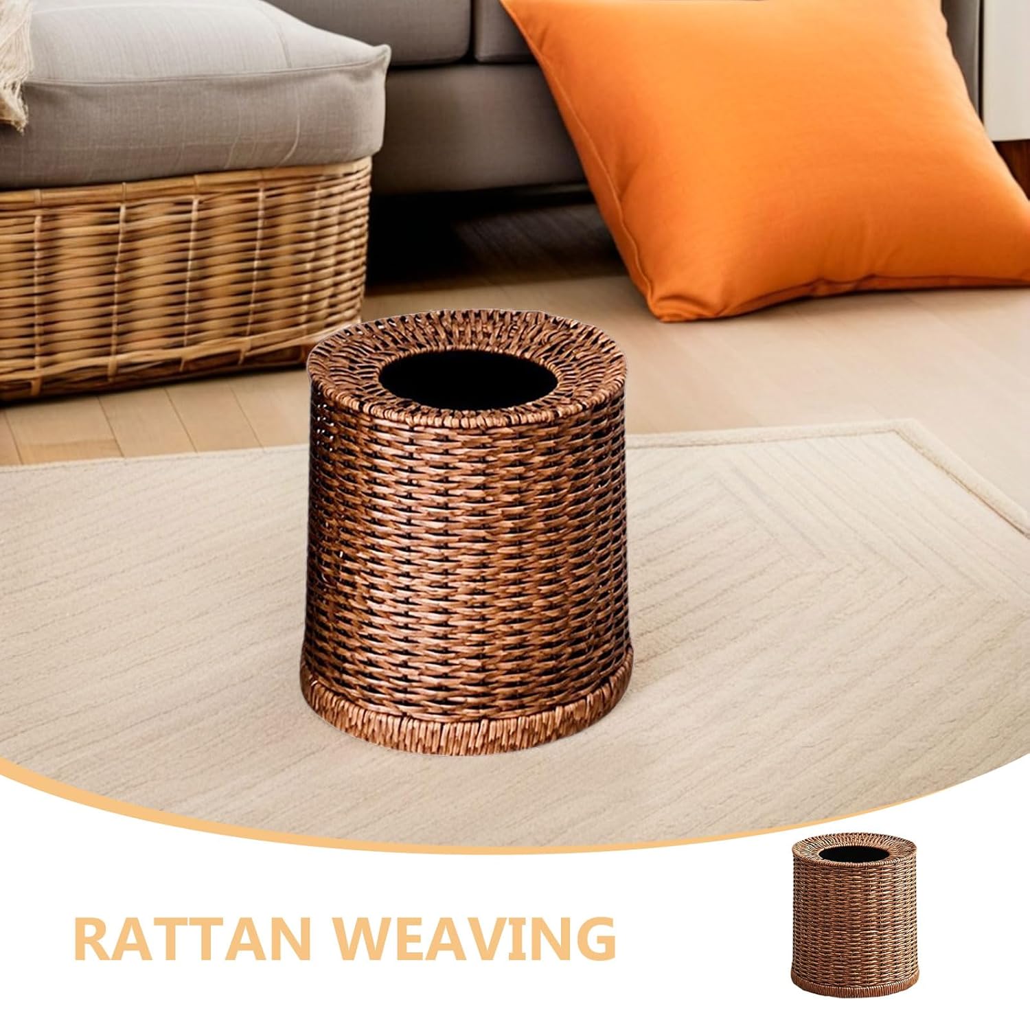 ARTIBETTER Rattan Trash Can Woven Wicker Wastebasket 12l No Lid with Removable Plastic Inner Bin for Bathroom Bedroom Office Home Storage