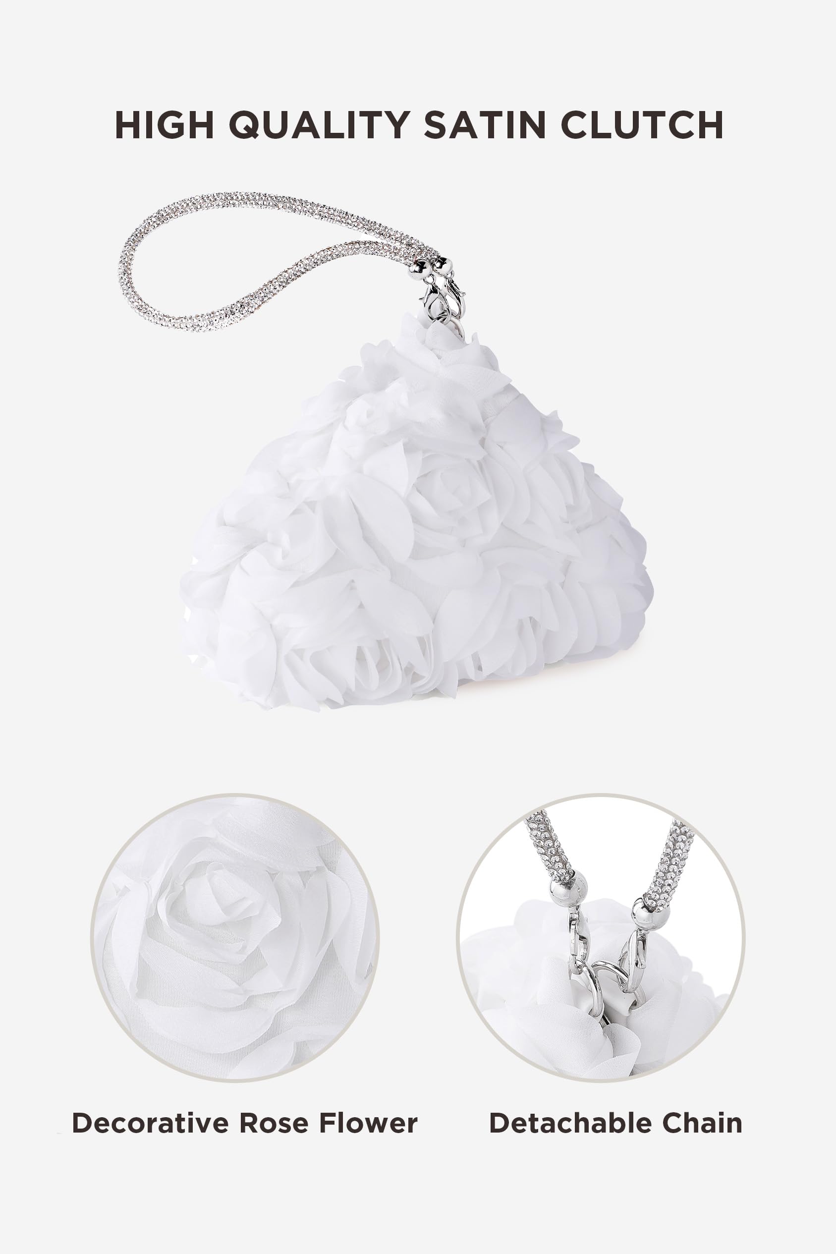Coucoland Pochette da donna, borsa da sera con fiore di rosa, con manico in strass, per feste, matrimoni, formali