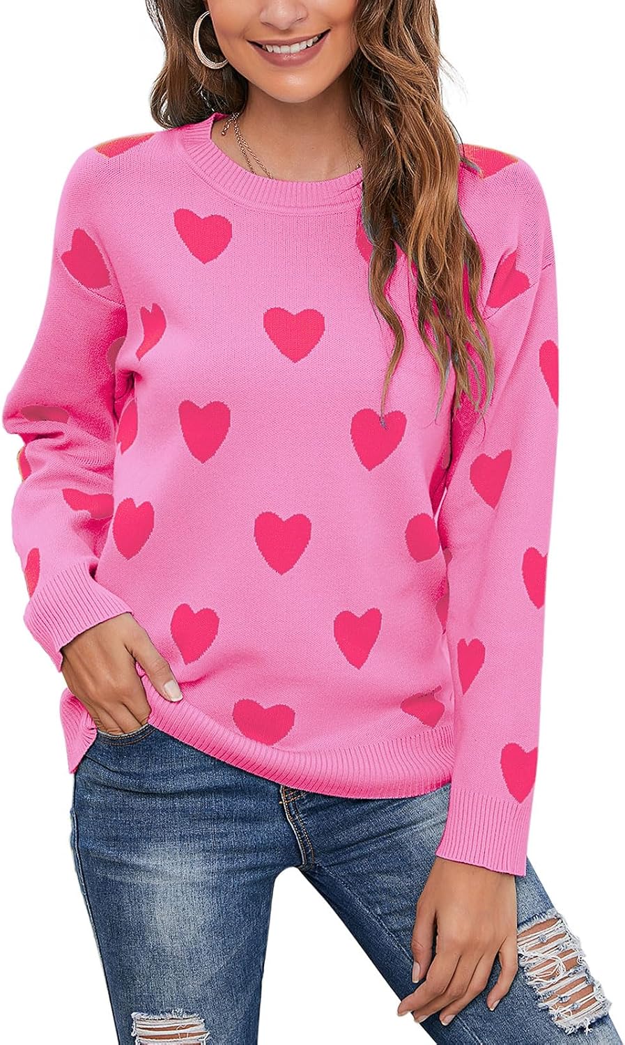 Womens Heart Sweaters Long Sleeve Crew Neck Loose Casual Valentine Sweater