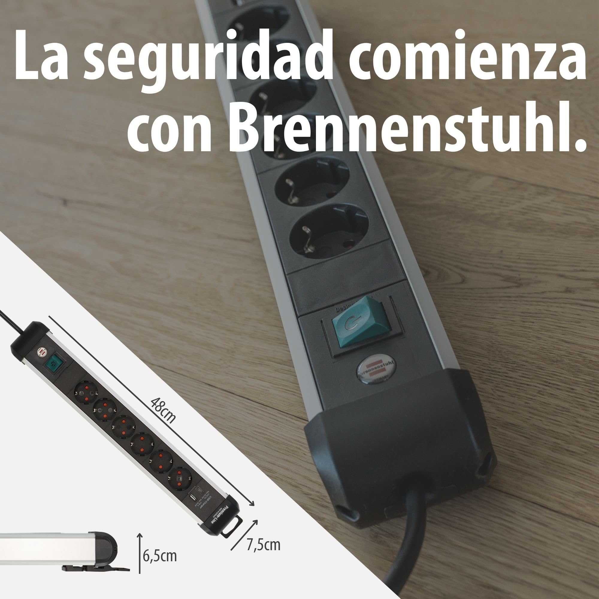 Brennenstuhl Premium-ALU-Line regleta de 6 enchufes con USB C PD 30W y USB A 18W de Aluminio (Fabricado en Alemania, regleta con Cable de 3m e Interruptor, para Montaje en Pared)