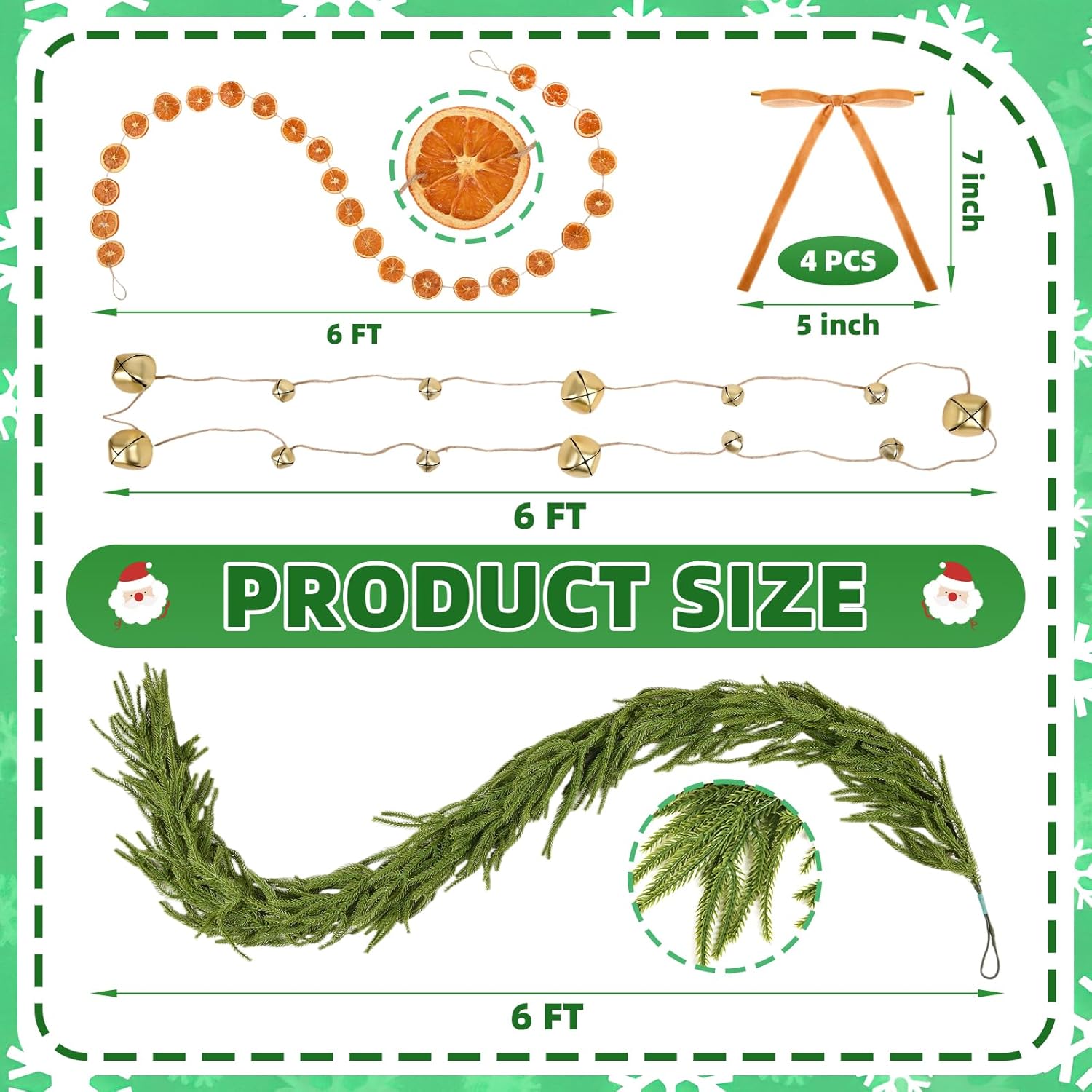 6FT Christmas Norfolk Pine Garland with 6FT Dried Orange Slices Garland & Bells Combo, Real Touch Faux Greenery with Velvet Bows for Fireplace Mantel, Doorway, Stairs Indoor Outdoor Decor
