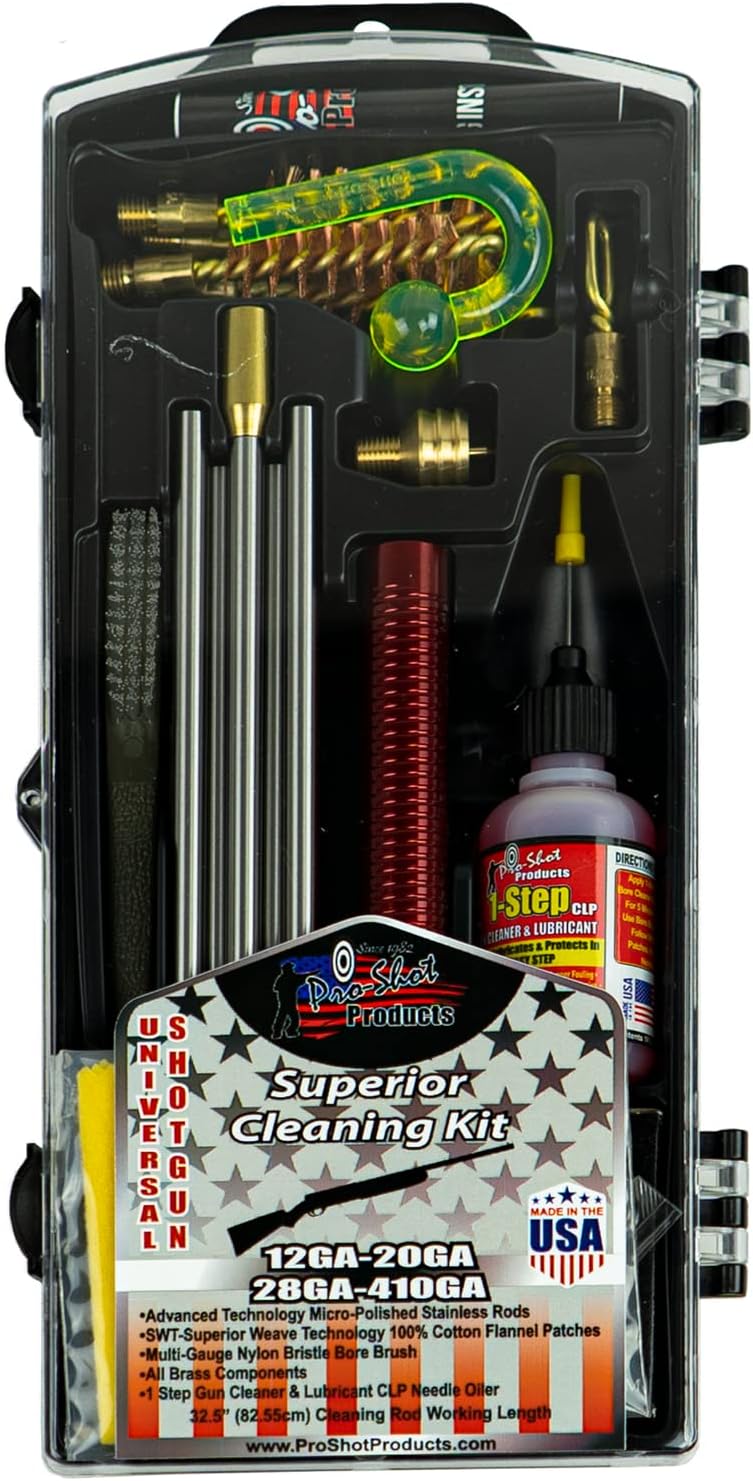 Pro-Shot Multi-Gauge Shotgun Cleaning Kit – Cleans 12, 20, 28 & .410 Gauge Shotguns | Premium Stainless Rods, Bore Brushes, Brass Jags, Flannel Patches, CLP & Grease – Made in USA
