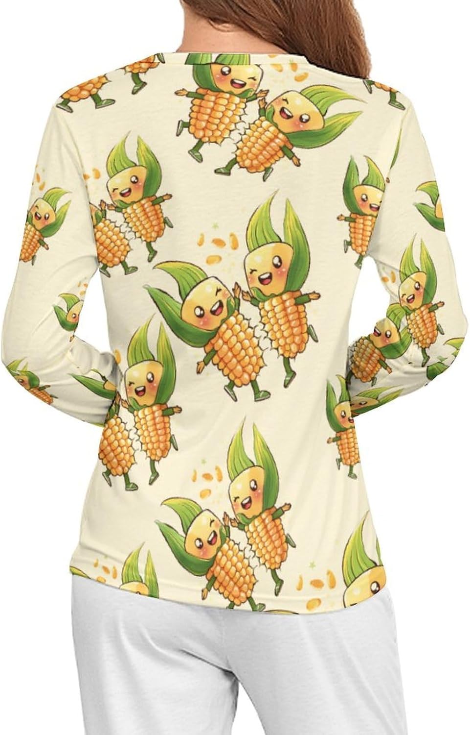 Cute Corn Cobs Dancing Women's Pajama Top Sleepwear Pajamas Sleep T-Shirt Long Sleeve Shirt Crewneck Tee
