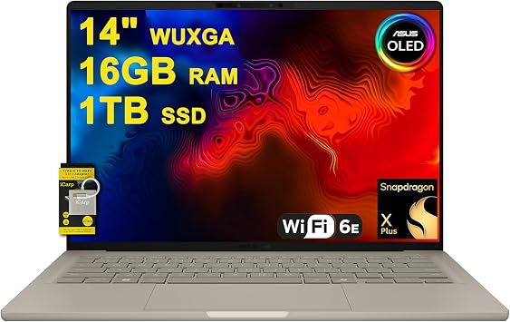ASUS Zenbook A14 Laptop 14" WUXGA OLED 100% DCI-P3, 600nits HDR Qualcomm 8-core Snapdragon X Plus Up to 45 Tops 16GB RAM 1TB SSD for Creator Business Professional Win11 ICP Hub