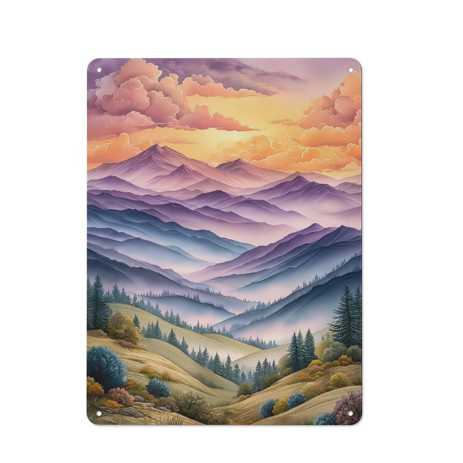 Retro Watercolor Mountain Landscape at Sunset Vintage Tin Sign 40x30cm, Retro Room Decor for Lounge, Study, Pub Or Wall Gallery