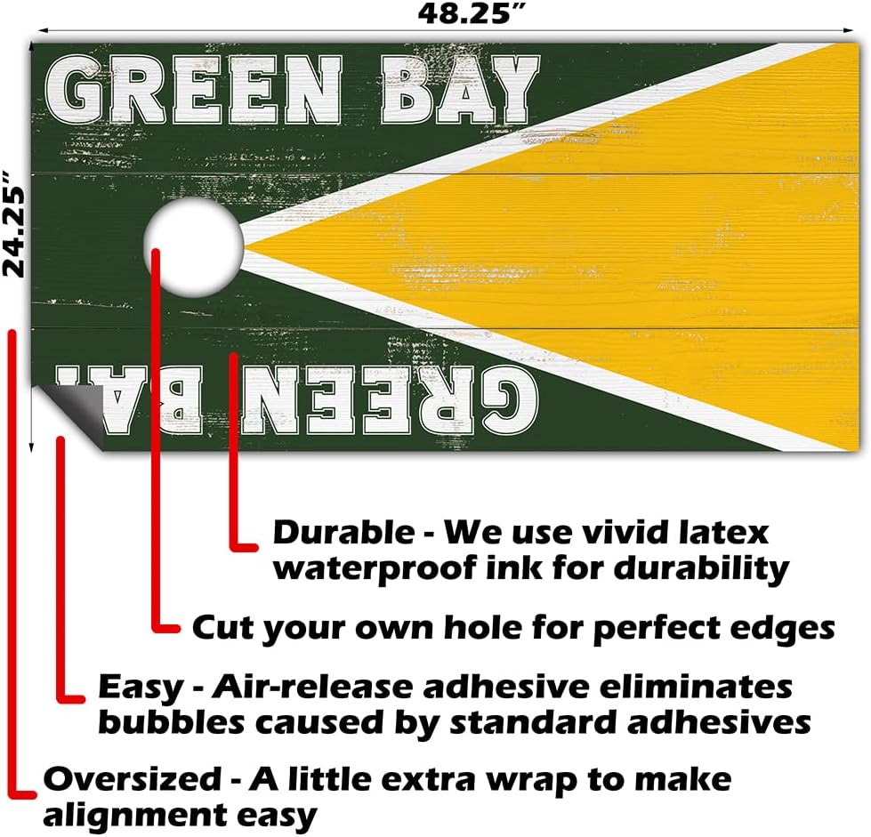 Green Bay Cornhole Board Wraps and Decals for Boards Set of 2 Skins Professional Vinyl Covers Sticker - Football Tailgating Cornhole Wraps Stickers Cornhole Skins Cornhole Wraps for Boards