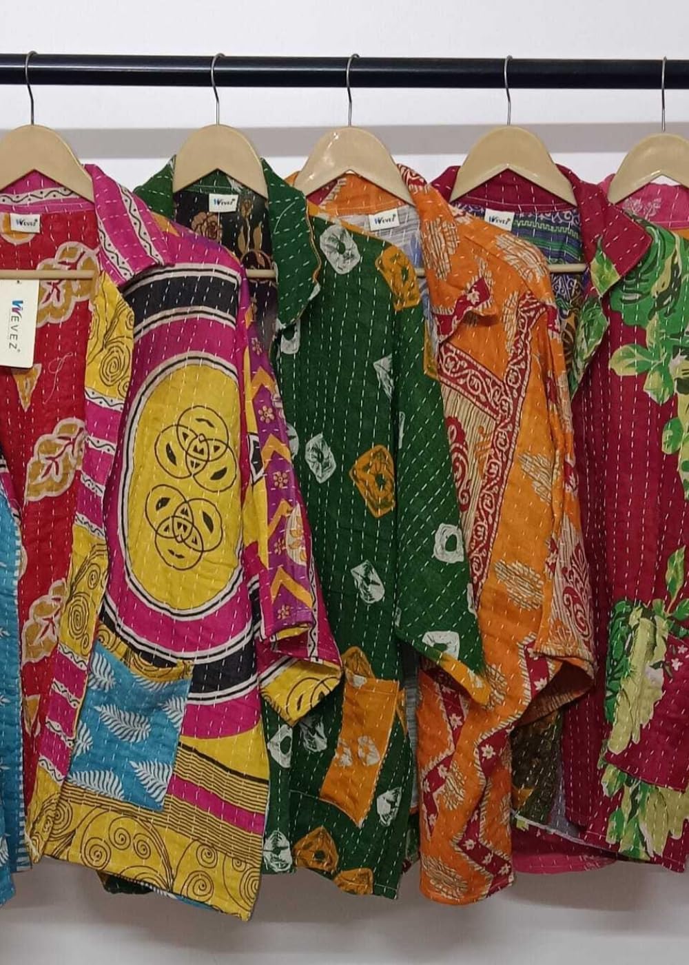 Wevez Vintage Kantha Cotton Jacket for Women – Pack of 3 – 3/4 Sleeve Printed Boho Jackets with Front Pockets – Assorted Colors