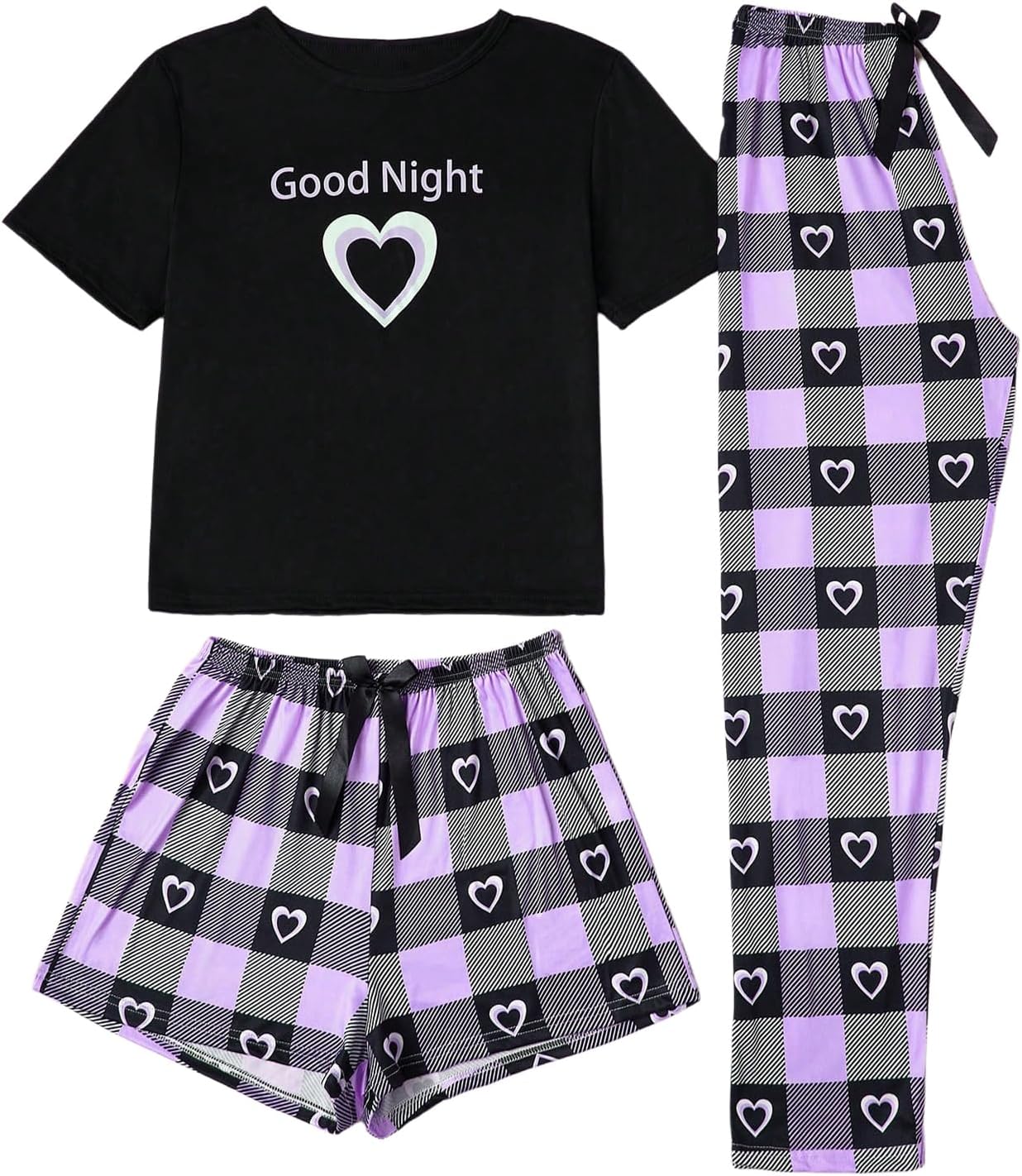 WDIRARA Women's 3 Piece Plaid Heart Print Pajama Set Short Sleeve Tee Lounge Shorts and Pants Sleepwear