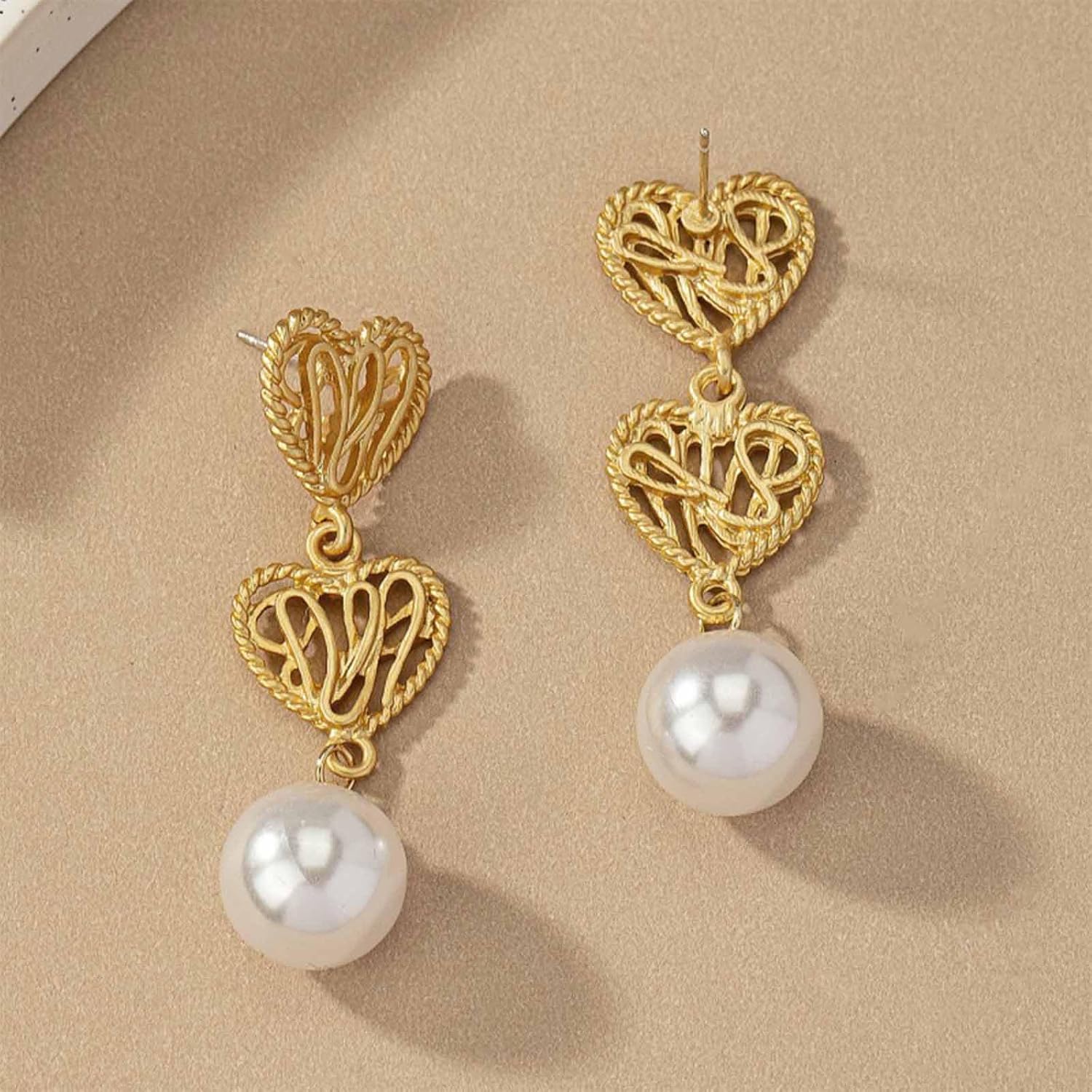 W WEILIRIAN Boho Love Heart Dangle Earrings Vintage Pearl Drop Earrings for Girls Gold Heart Earrings Hollow Heart Stud Earrings Jewelry for Women Gifts - Image 4