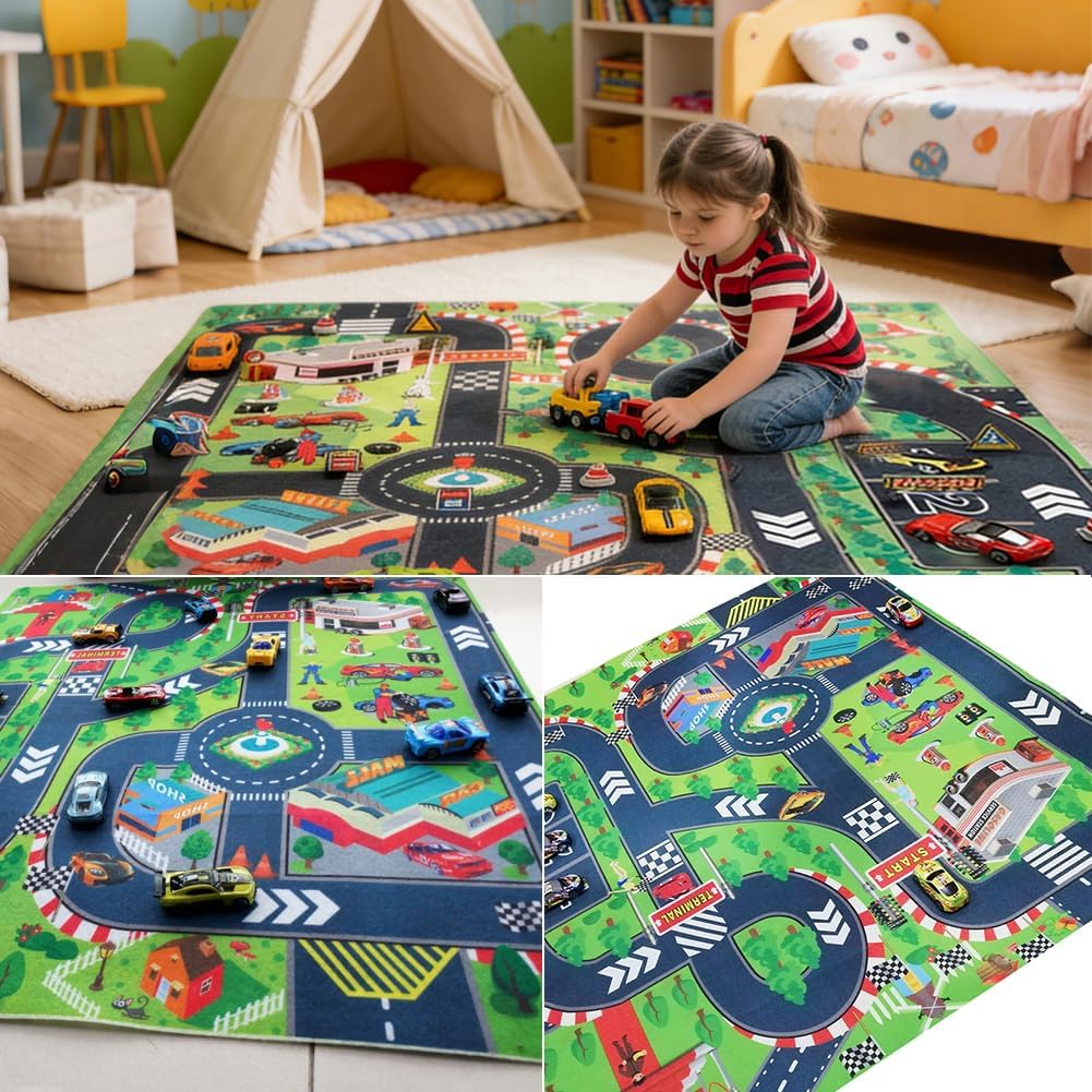 Car Rugs,Race Track Mat,Non Slip Colorful City Road Design with Buildings and Racing Theme 27.5 inches x 31.5 inches