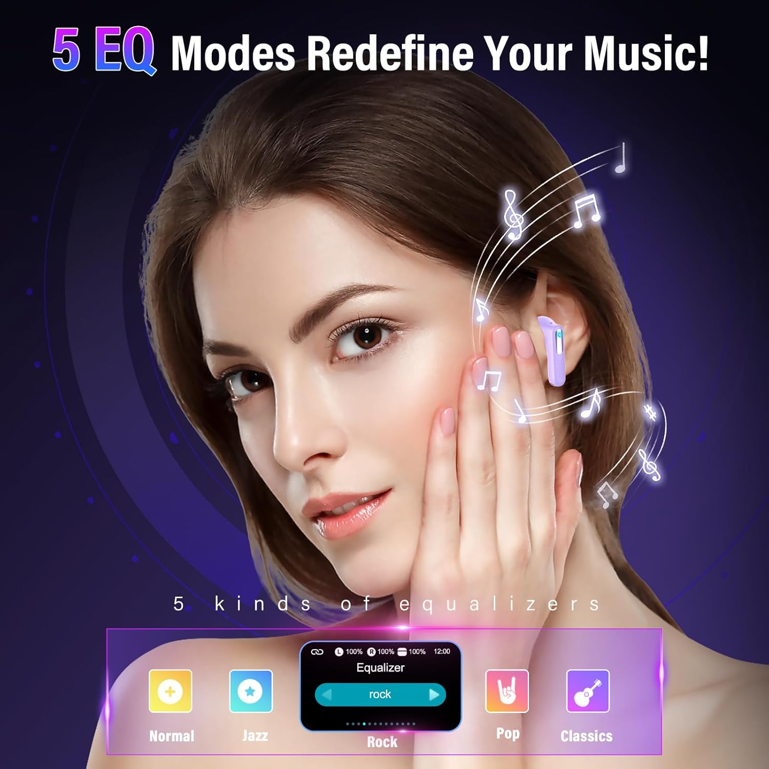 Wireless Earbuds, Bluetooth 5.4 Headphones with Multifunction Touch Screen, 48H Deep Bass Stereo Ear Buds, 5 EQ Modes, ANC/ENC Noise Cancelling, Transparency Mode, IPX7 Earbuds, Purple - Image 5