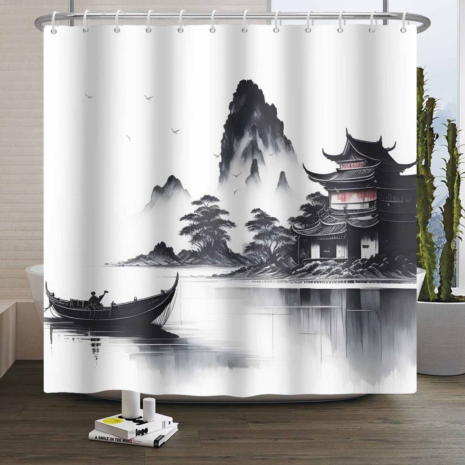 Xiaoterna Traditional Japanese Painting Shower Curtain Japanese Building Asian Ink Painting Shower Curtain Foggy Mountain Boat Wild Goose Outdoor Natural Scenery Bathroom Curtain 180x200cm