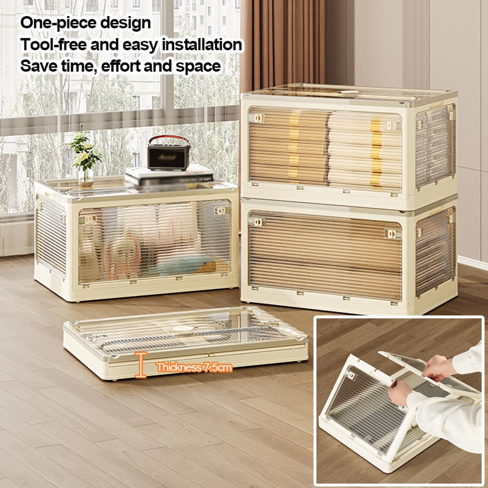 Caja de almacenamiento de plástico con tapa, caja de almacenamiento transparente plegable con cuatro puertas, contenedores apilables para almacenamiento con ruedas, organizador de armario para dormit