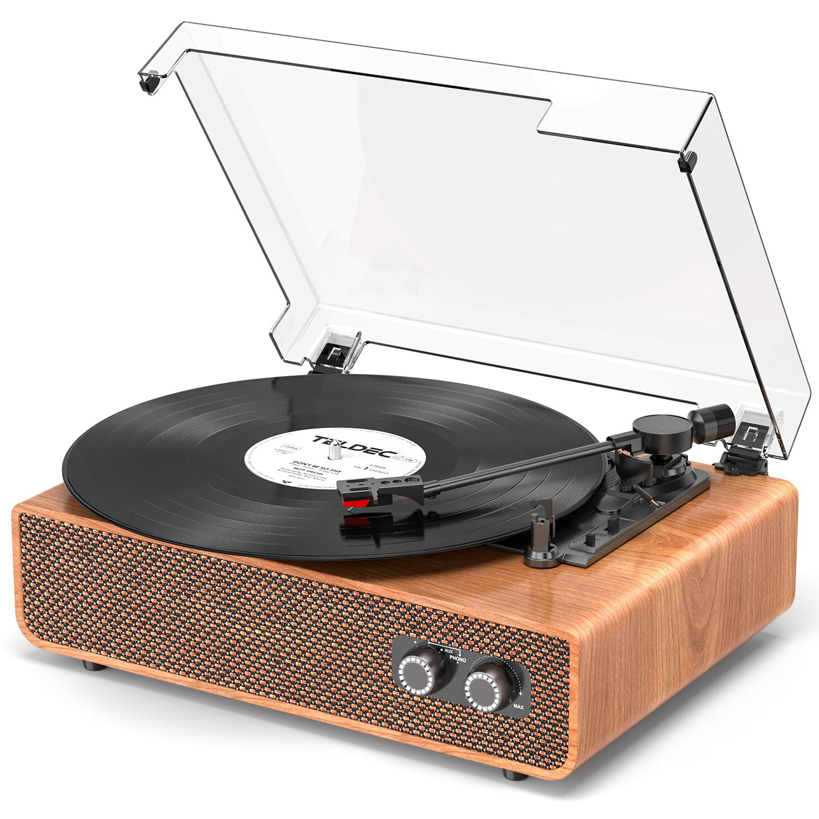 Vinyl Record Player 3-Speed Vintage Record Player with Upgraded Speakers | Bluetooth in, Balanced Counterweight | RCA Outpt AUX Input | Light Wood LP Turntable-image-15