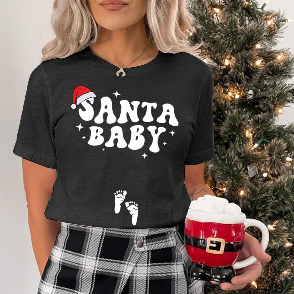 FASHGL Christmas Pregnancy Shirt Women Funny Maternity Christmas T-Shirt Cute Xmas Pregnancy Announcement Tee Tops