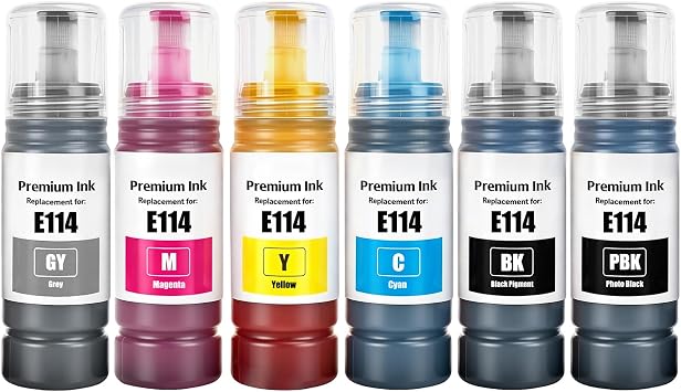114 Ink Compatible for Epson 114 Ink Bottle ET-8550 ET-8500 Printer 6-Pack, Black/Photo Black/Cyan/Magenta/Yellow/Grey