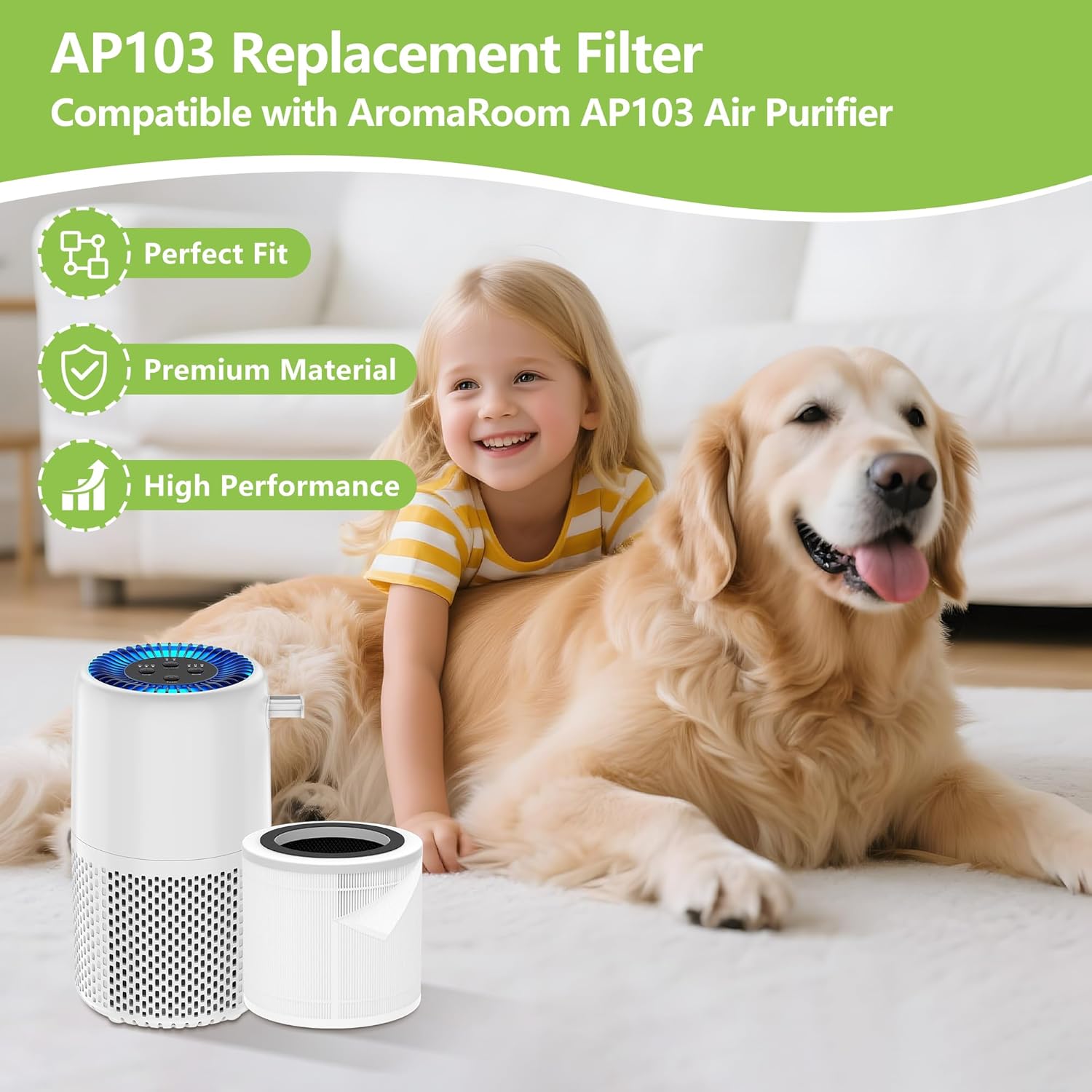 AP103 Replacement Filter Compatible with AromaRoom AP103 Air Purifiers, 3-in-1 HEPA and Activated Carbon Filter with 4Pcs Nylon Pre-Filter(Basic,2Pack)