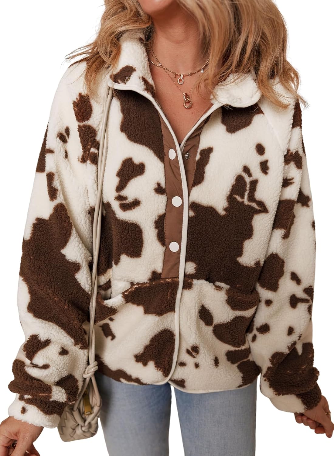 Dokotoo Women Fleece Jacket Casual Long Sleeve Sherpa Button Down Jackets for Women Printed Warm Coats With Pockets