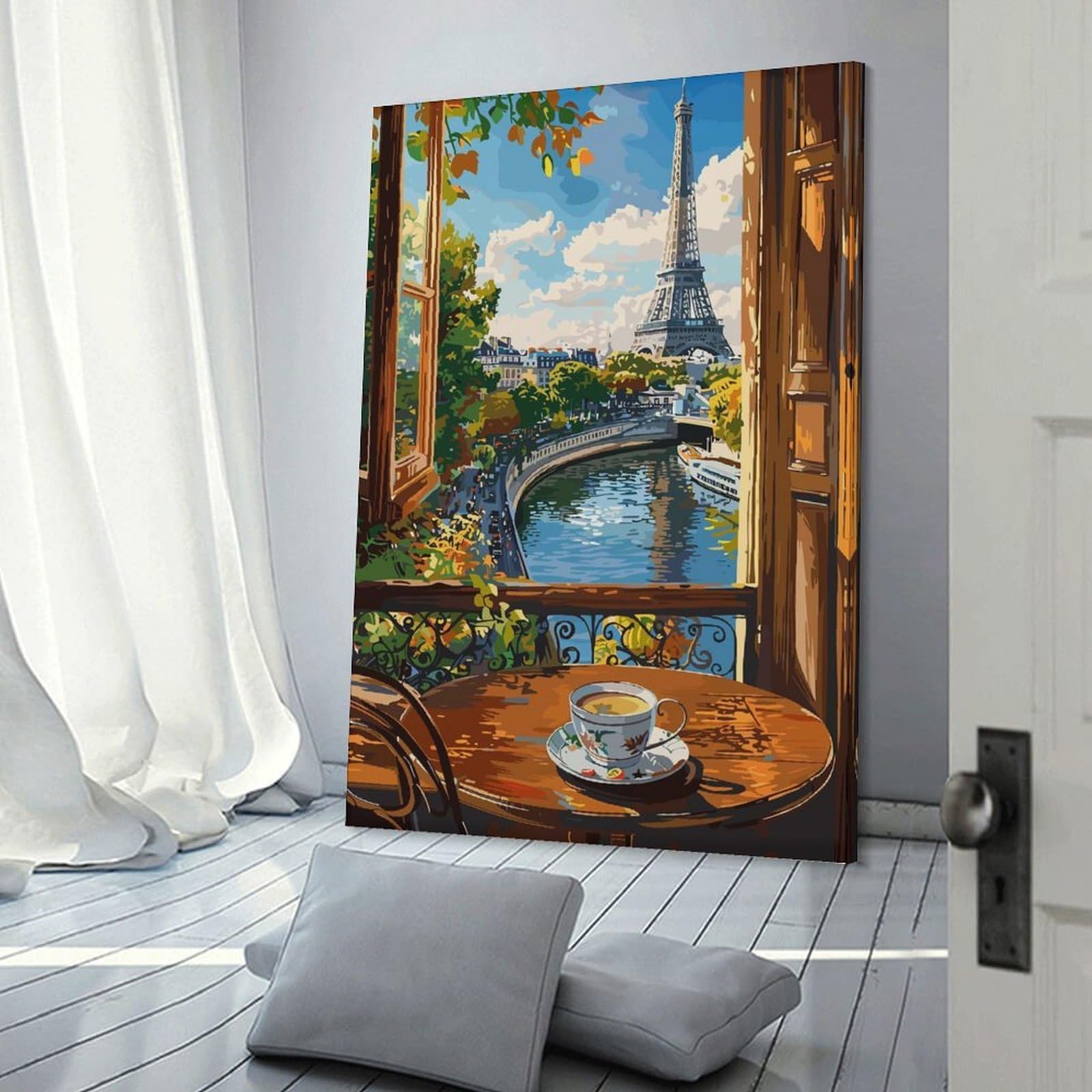 Junmoney Frame-Parisian View With Coffee Cup Parisian View With Coffee Cup Canvas Art Print 20X30inch(50X75cm), For New Homes, Bedrooms Or Workspaces, Gift Idea For Housewarming And Birthdays