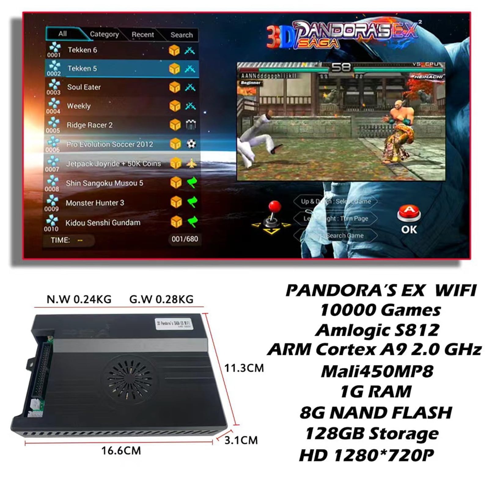 Konsola zręcznościowa retro 10888 z panelem świetlnym RGB, 8-drożnym joystickiem i 16 przyciskami, domowy system gier 720P HD do rodzinnej rozrywki