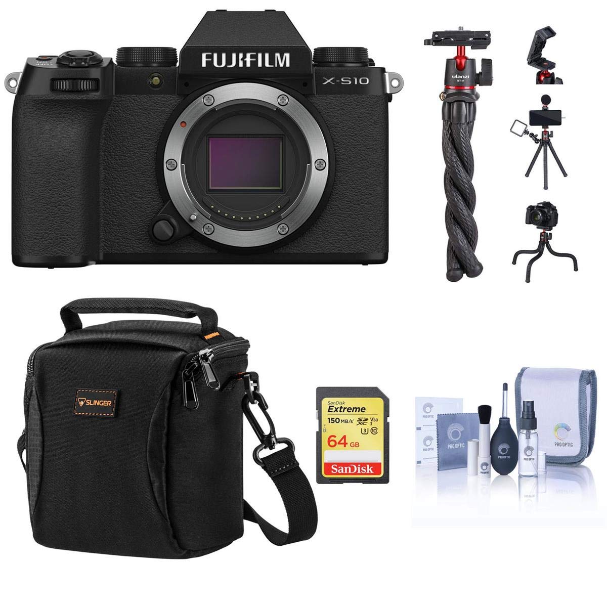 Fujifilm X-S10 Mirrorless Digital Camera, Black (Body Only) - Starter Bundle with 64GB SD Memory Car