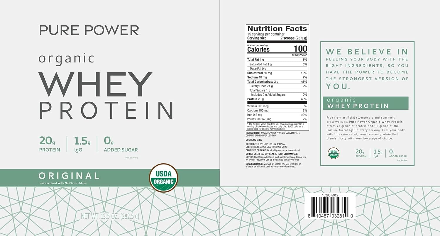 Dr. Mercola Pure Power Organic Whey Protein - 20 g Protein - Supports Muscle Growth & Energy - Grass-Fed Whey Concentrate - 15 Servings (20.60 oz) - Original