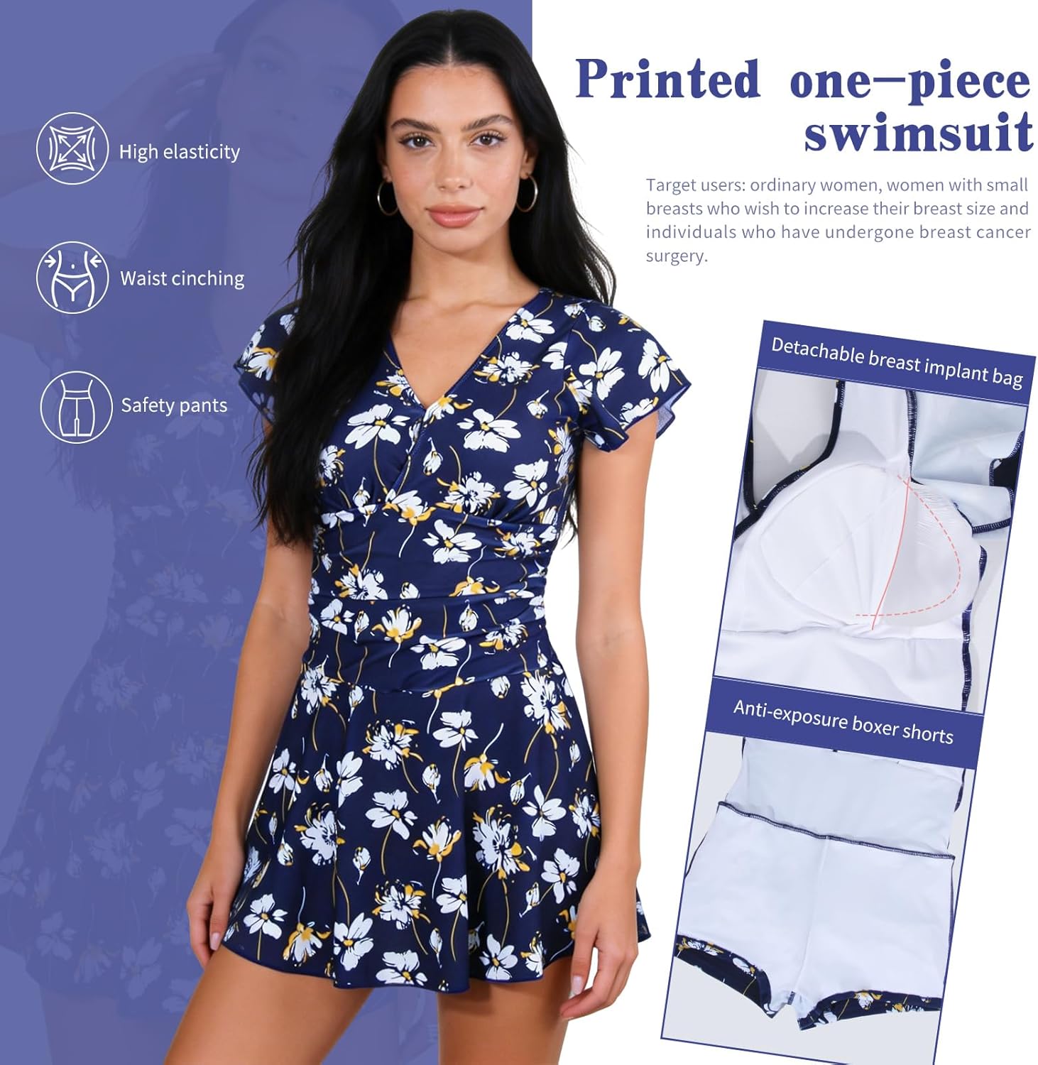 Women's Swim Dress with Breast Prosthesis One Piece Swimsuit Bust Enhancement Tummy Control Bathing Suit V Neck Swimwear