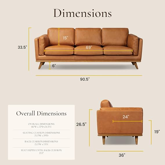 Poly & BARK Cadiz 90 Sofa Saddle Tan Full-Grain Pure-Aniline Italian Leather, Feather-Down Cushions, Solid Rubberwood Base & Legs - Saddle Tan