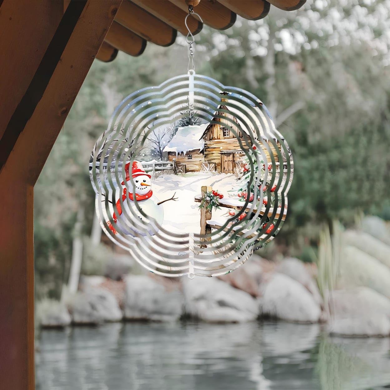 Snowman with Farmhouse Christmas Wind Spinners 3D Stainless Steel Laser Cut Metal Double Sided Printing-Hanging Indoor/Outdoor Decorations Yard Gardening Decor,Metal Kinetic Art 16x16 inches