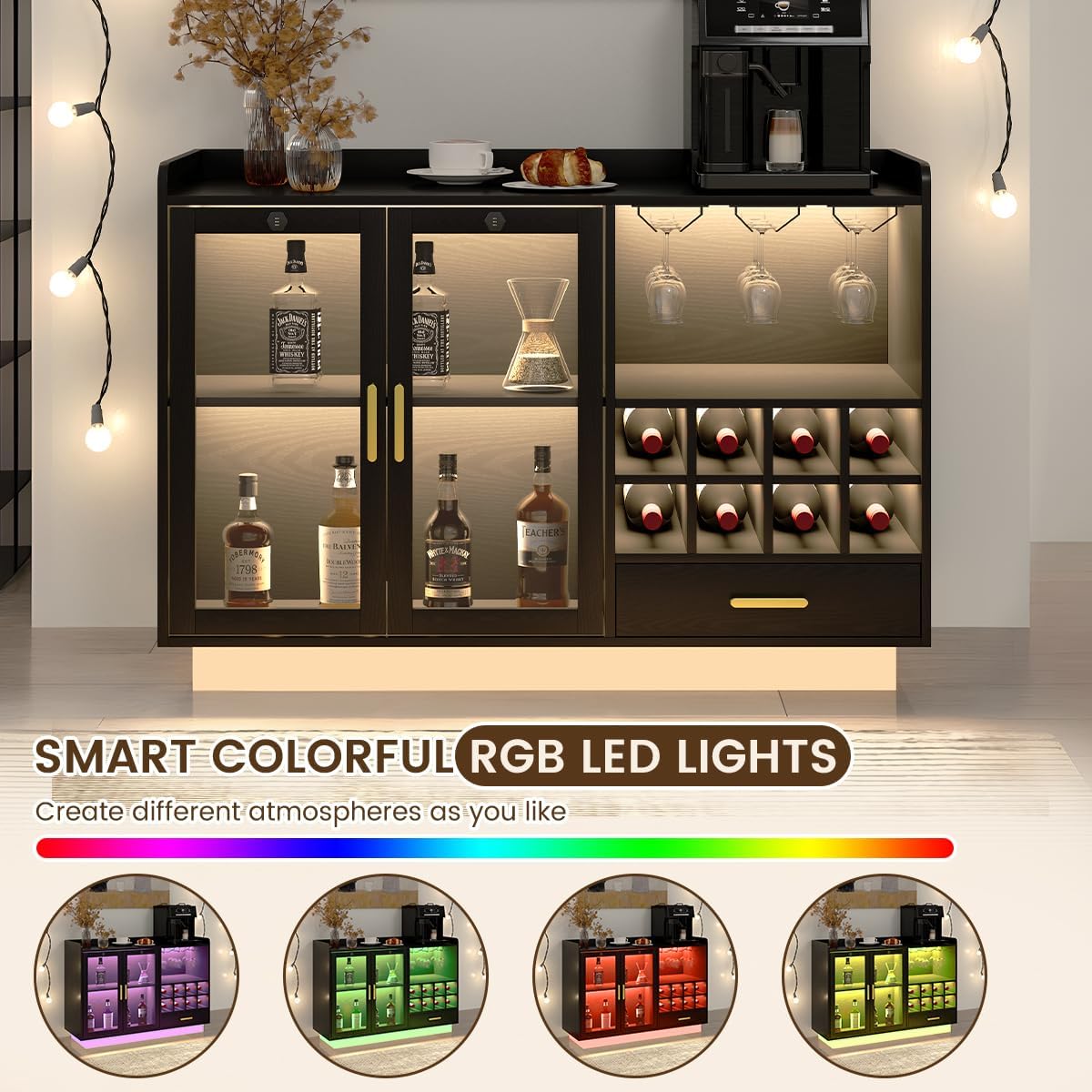 COCO DESIGN Modern Wine Bar Cabinet with LED Light & Locked Glass Door, Floating Coffee Bar with Power Outlets & Glass Rack, Black Buffet Sideboard with Removable Wine Rack and Drawer for Living Room