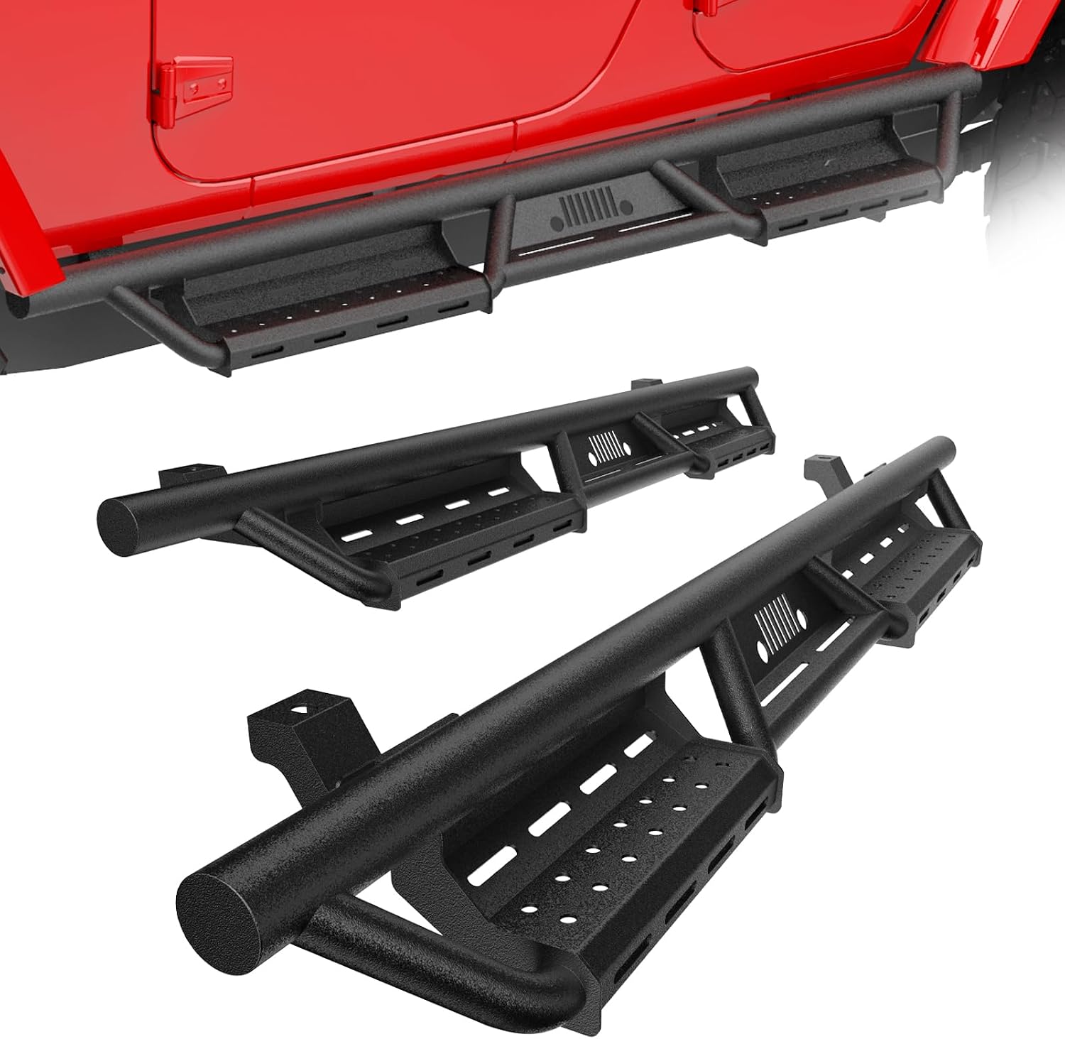 Drop Down Running Boards for 2007-2018 Jeep Wrangler JK JKU Unlimited 4-Door – 6.6 Inch Black Powder Coated Nerf Bars with Dual Step Design