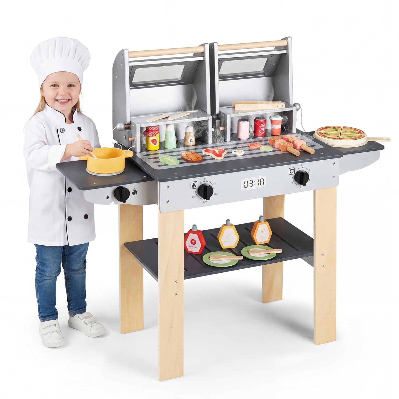 FANTASK Juguete para Barbacoa Infantil, Barbacoa con Cubiertos para Barbacoa y Alimentos para Juegos, Cocina de Barro con 2 barbacoas y Tapas abatibles, Juego de Cocina para Exteriores para niños a